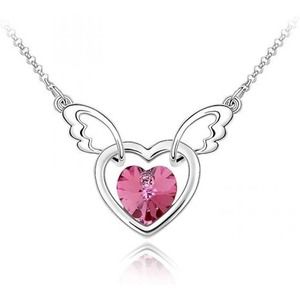 Imitation Dark Pink Crystal Rhinestone Gemstone Angel Wings Heart Necklace
